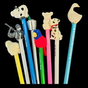 🎒 Vtg. Novelty Pencil Lot - Colorful Flocked Fuzzy Animals & Figure Toppers